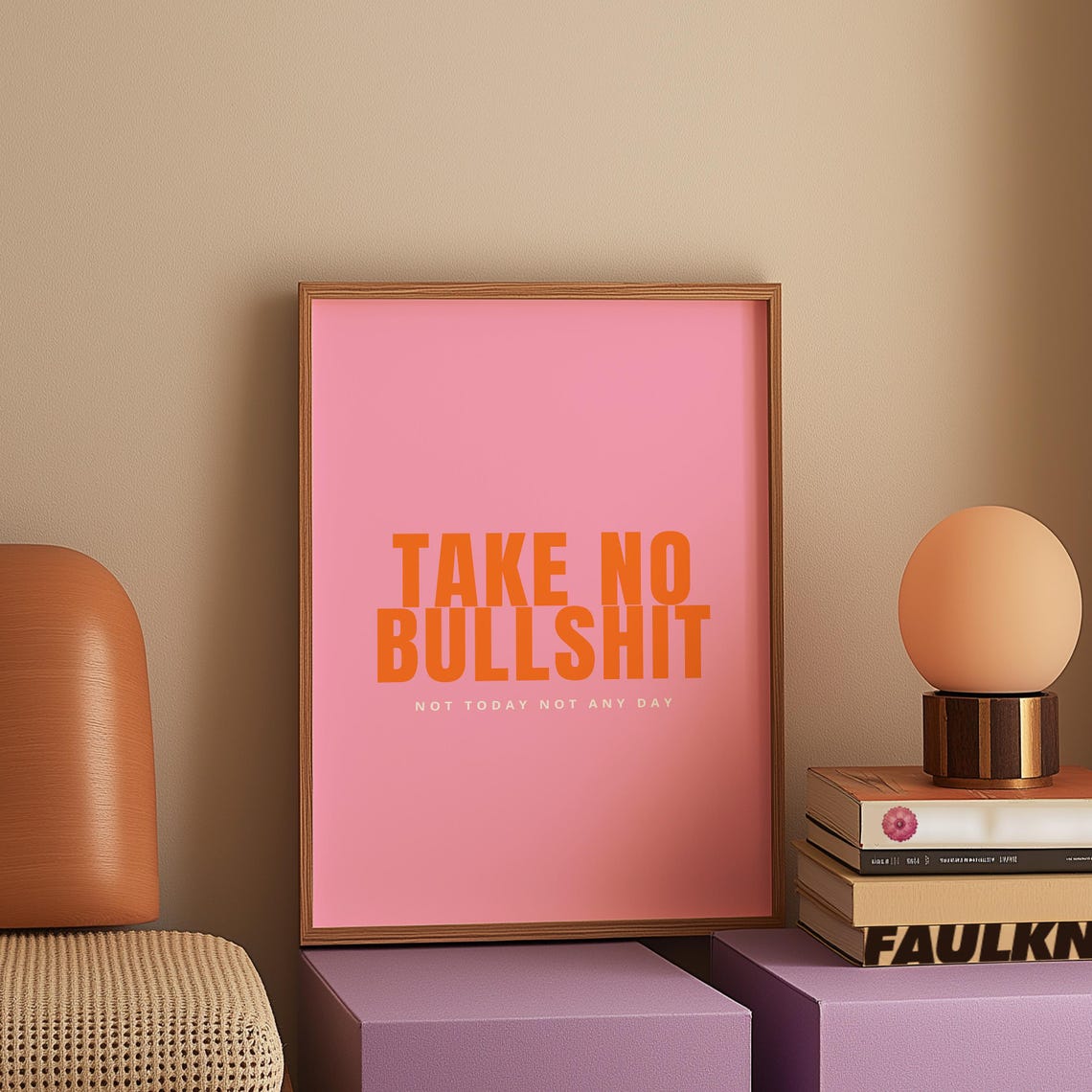 Take No Bullshit Pink Bold Orange Motivational Quote Art Poster - Image 2
