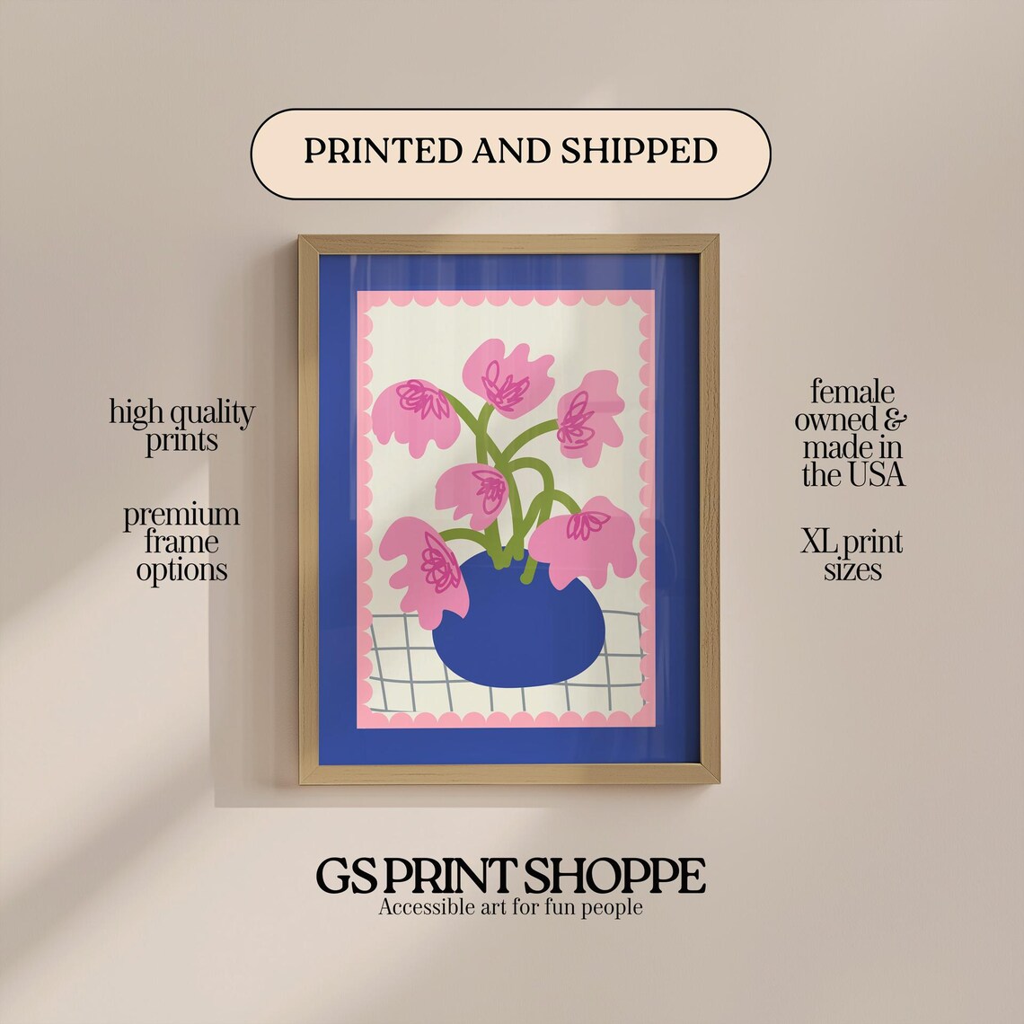 Pink Blooms in Cobalt Blue Vase Playful Retro Floral Art Poster