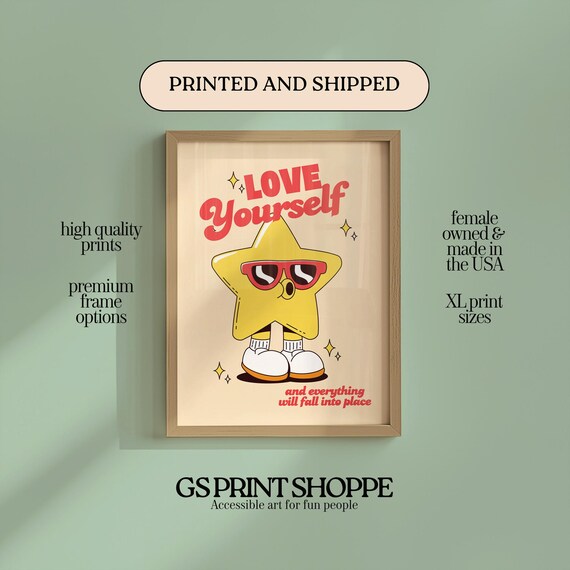 Love Yourself Retro Star Character Sunglasses Positive Quote Poster