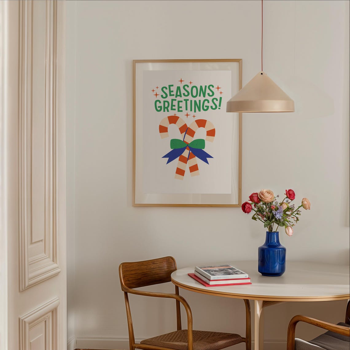 Seasons Greetings Christmas Poster Candy Cane Bow Holiday Decor - Image 2