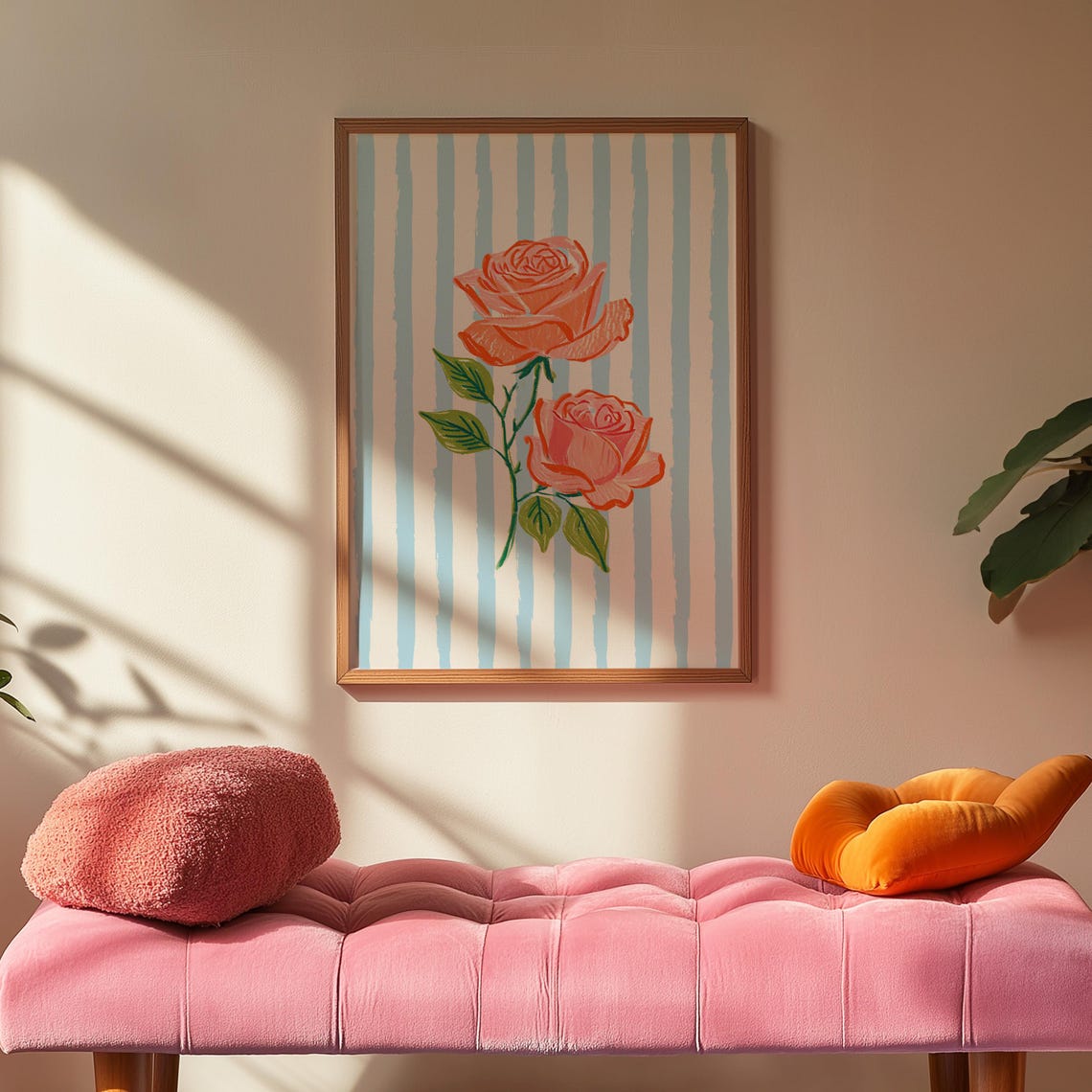 Coral Rose Pair Poster Hand Drawn Floral Blue Stripe Decor Art - Image 2