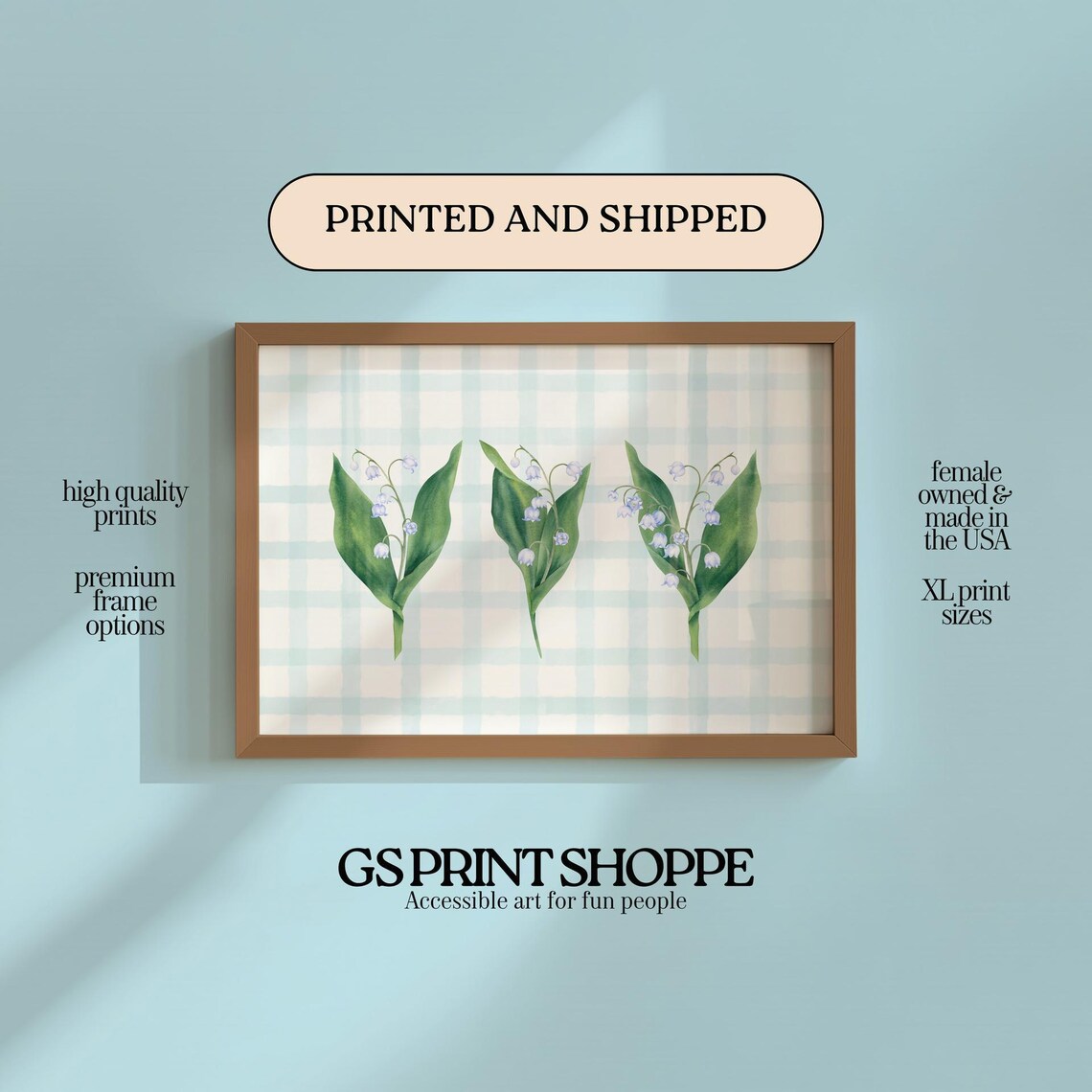 Lily of the Valley Trio Watercolor Sage Gingham Floral Art Poster