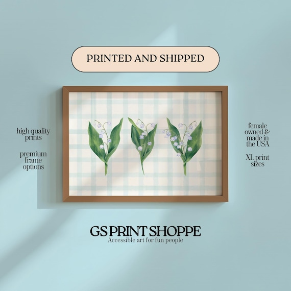 Lily of the Valley Trio Watercolor Sage Gingham Floral Art Poster
