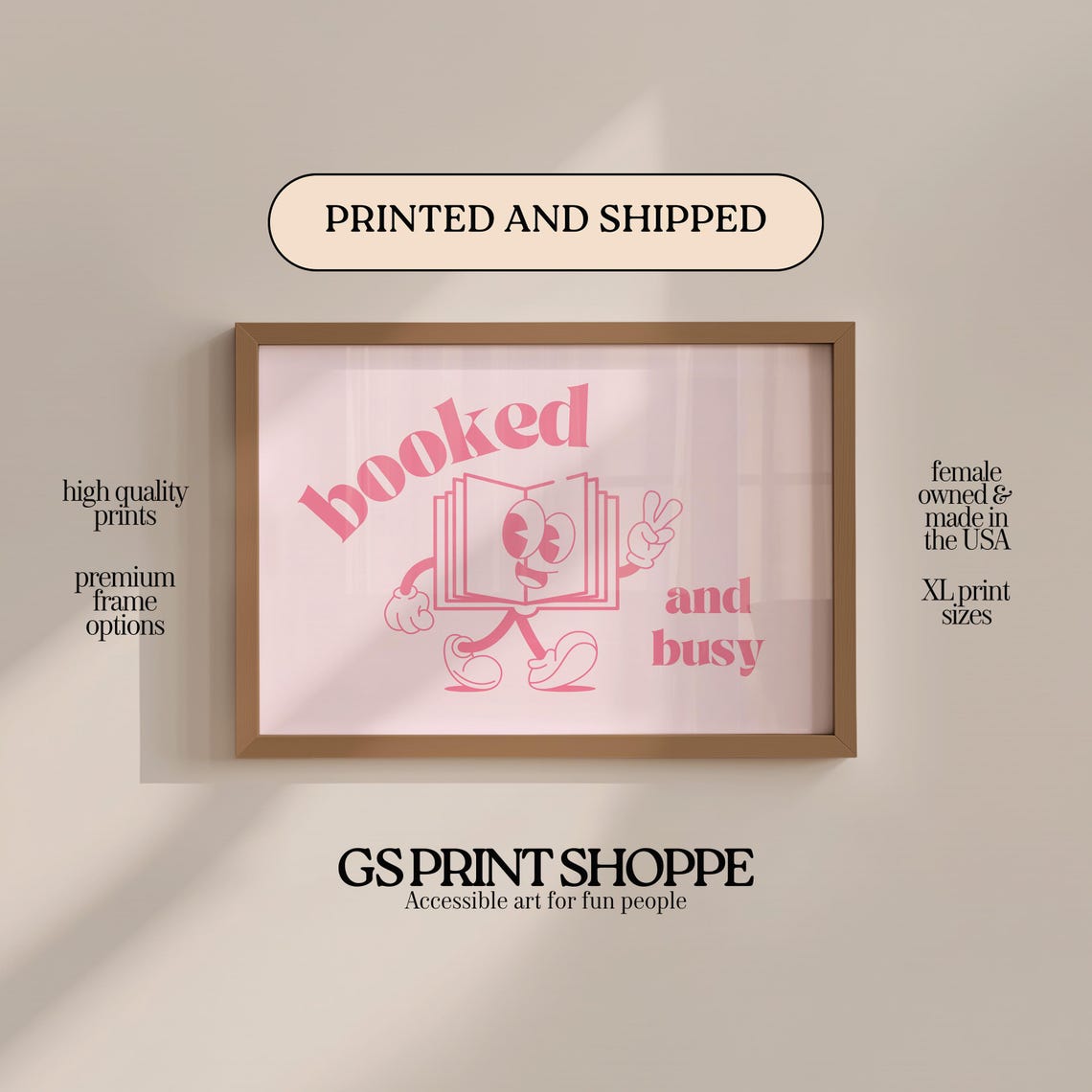 Booked And Busy Pink Retro Bookworm Mascot Reader Gift Wall Art