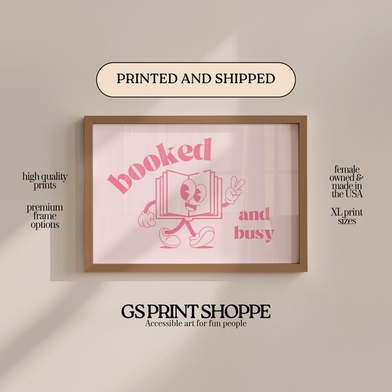 Booked And Busy Pink Retro Bookworm Mascot Reader Gift Wall Art