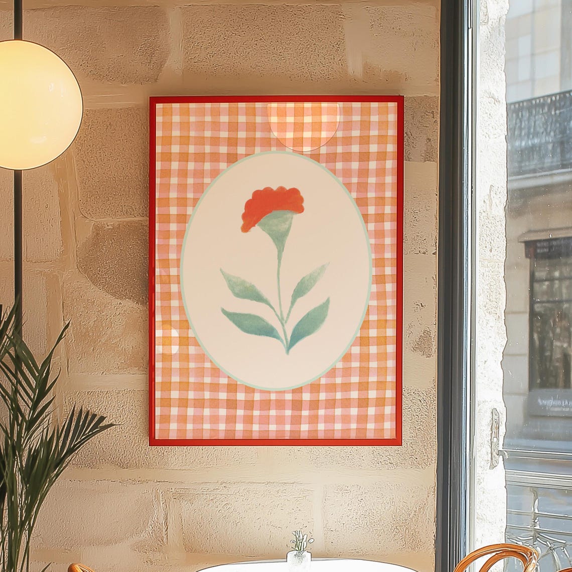 Red Poppy Wildflower Oval Gingham Botanical Decorative Art Print