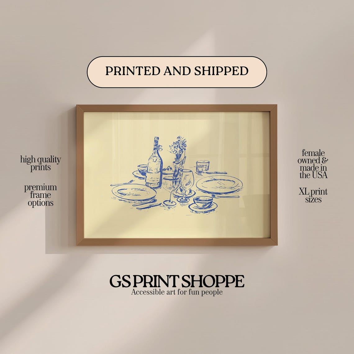 Tablescape Blue Line Sketch Dinner Table Setting Kitchen Print