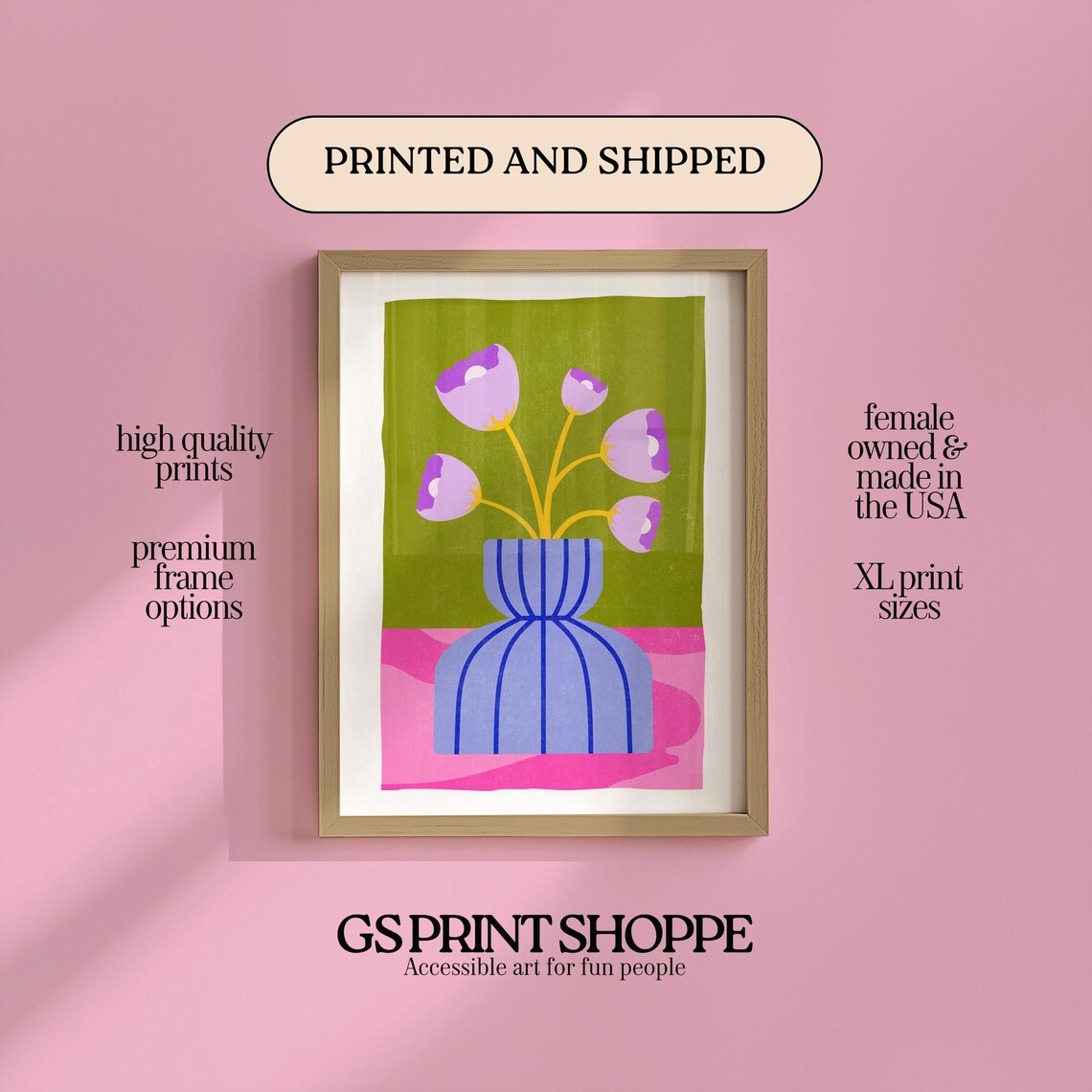 Purple Tulips in Blue Vase Naive Floral Still Life Art Print
