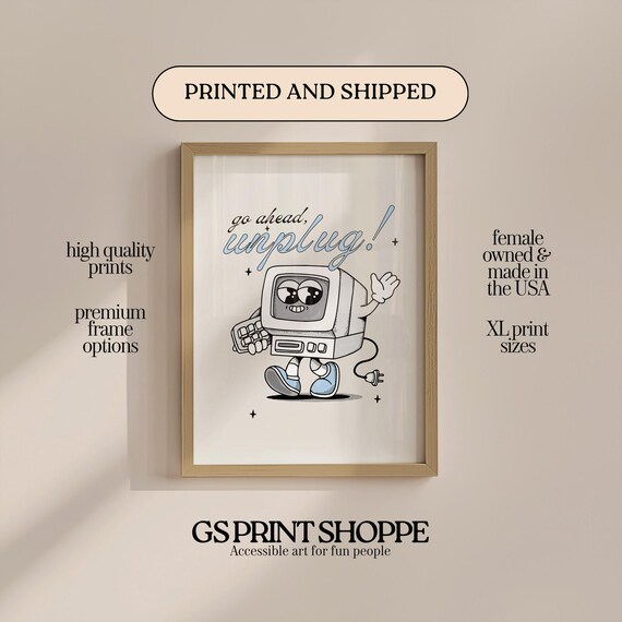 Go Ahead Unplug Retro Cartoon Computer Digital Detox Art Poster