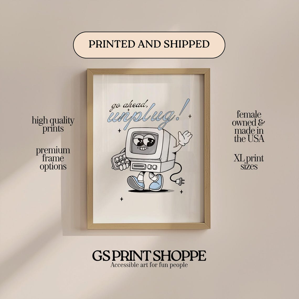 Go Ahead Unplug Retro Cartoon Computer Digital Detox Art Poster