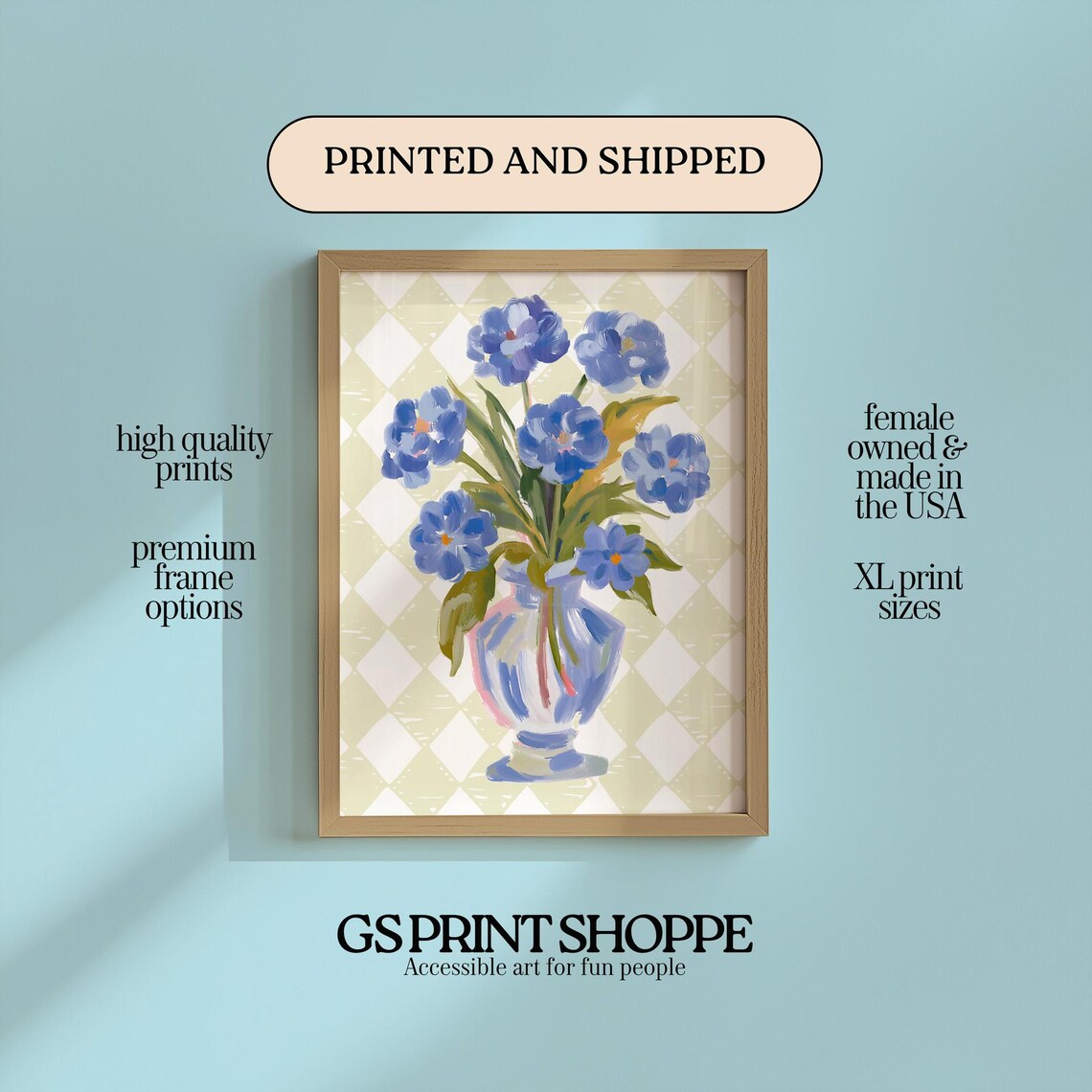 Blue Flower Bouquet in Painted Vase Checkered Folk Art Poster