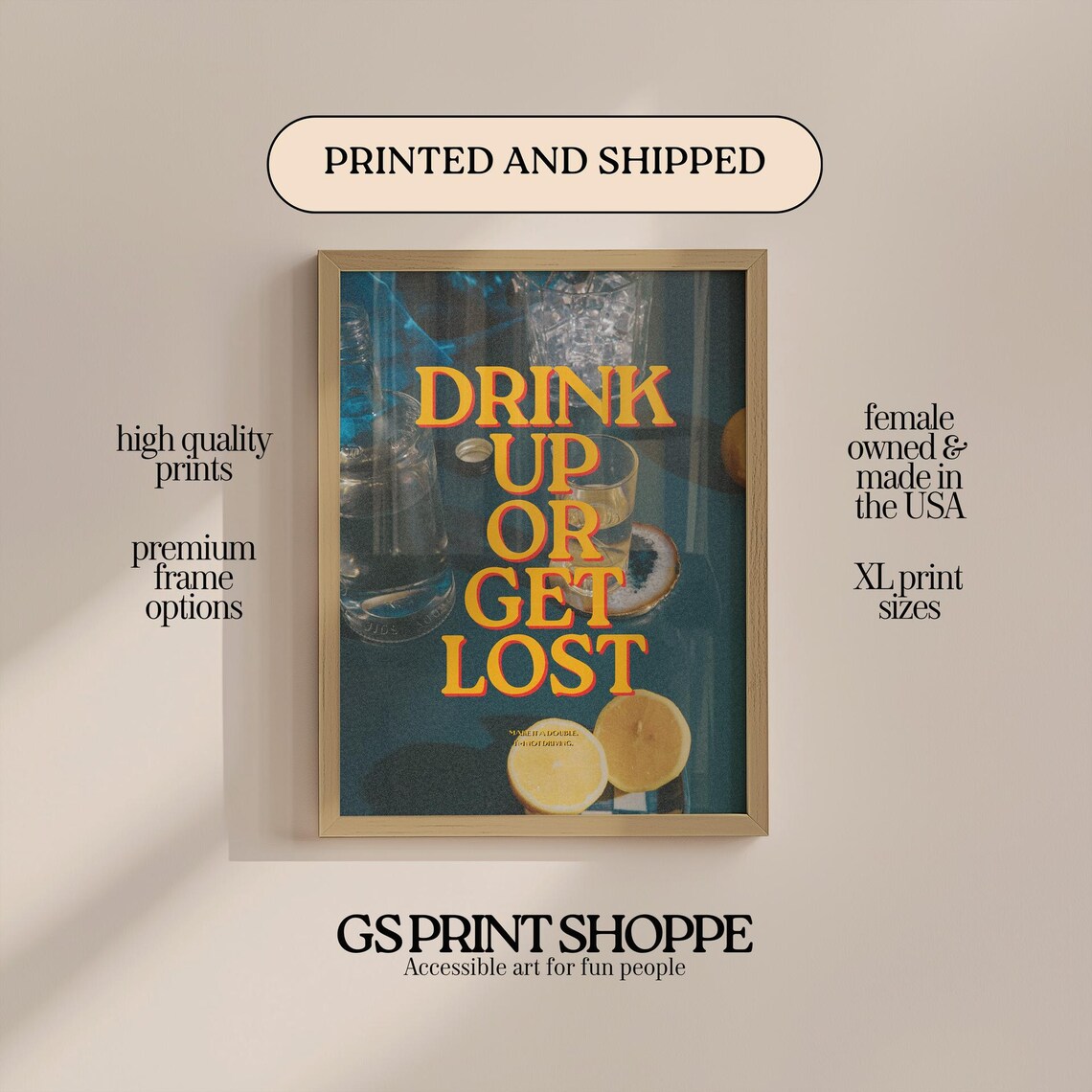 Drink Up or Get Lost Cocktail Bar Poster with Cocktails and Lemons Retro Design
