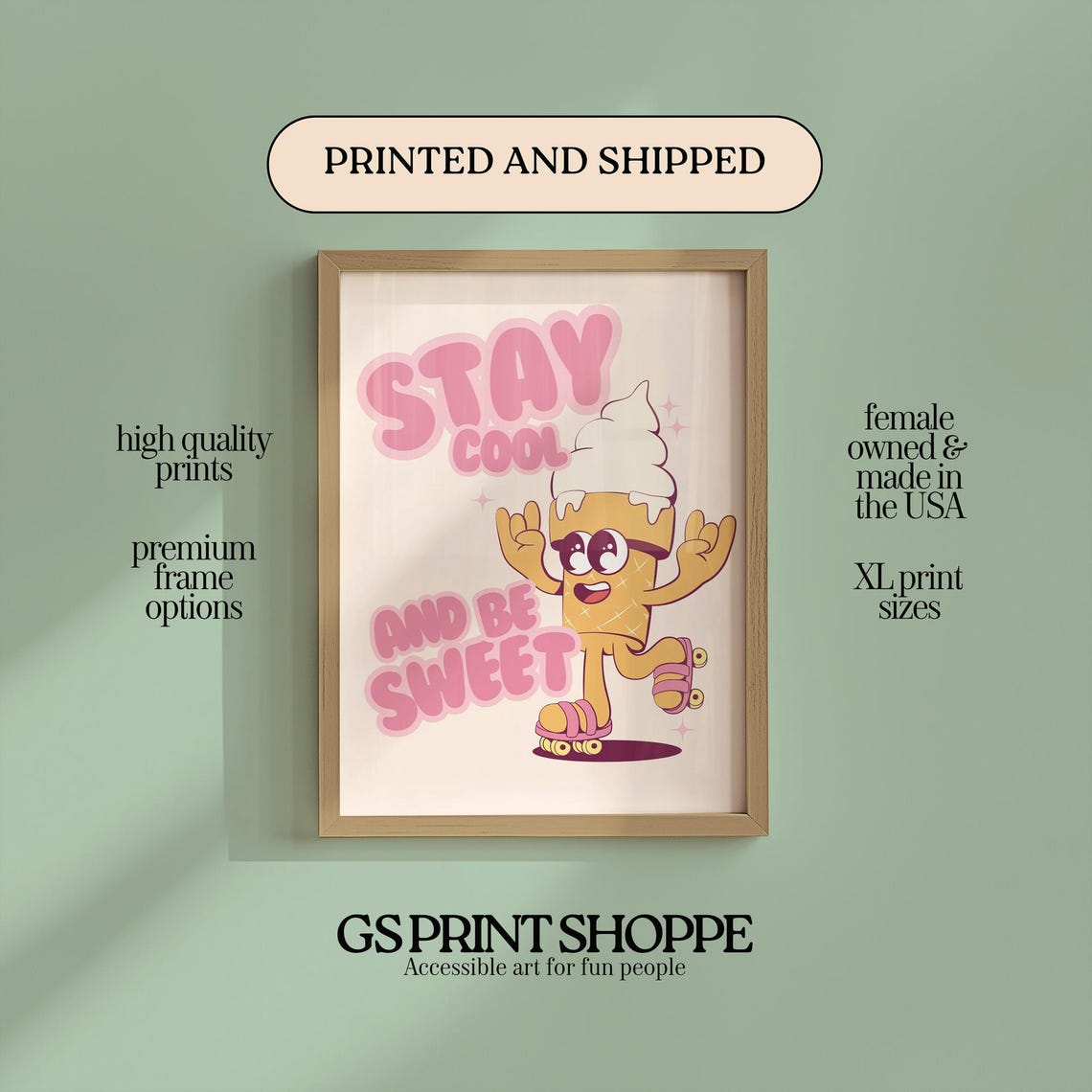 Stay Cool And Be Sweet Ice Cream Character Roller Skates Retro Poster