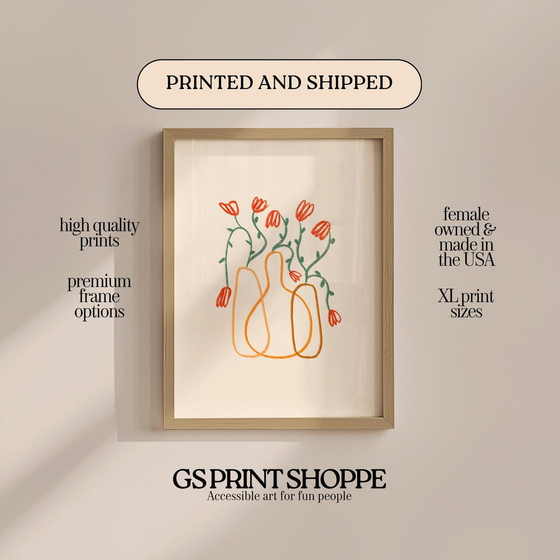 Hand Drawn Orange Vase Floral Doodle Modern Botanical Line Art Poster