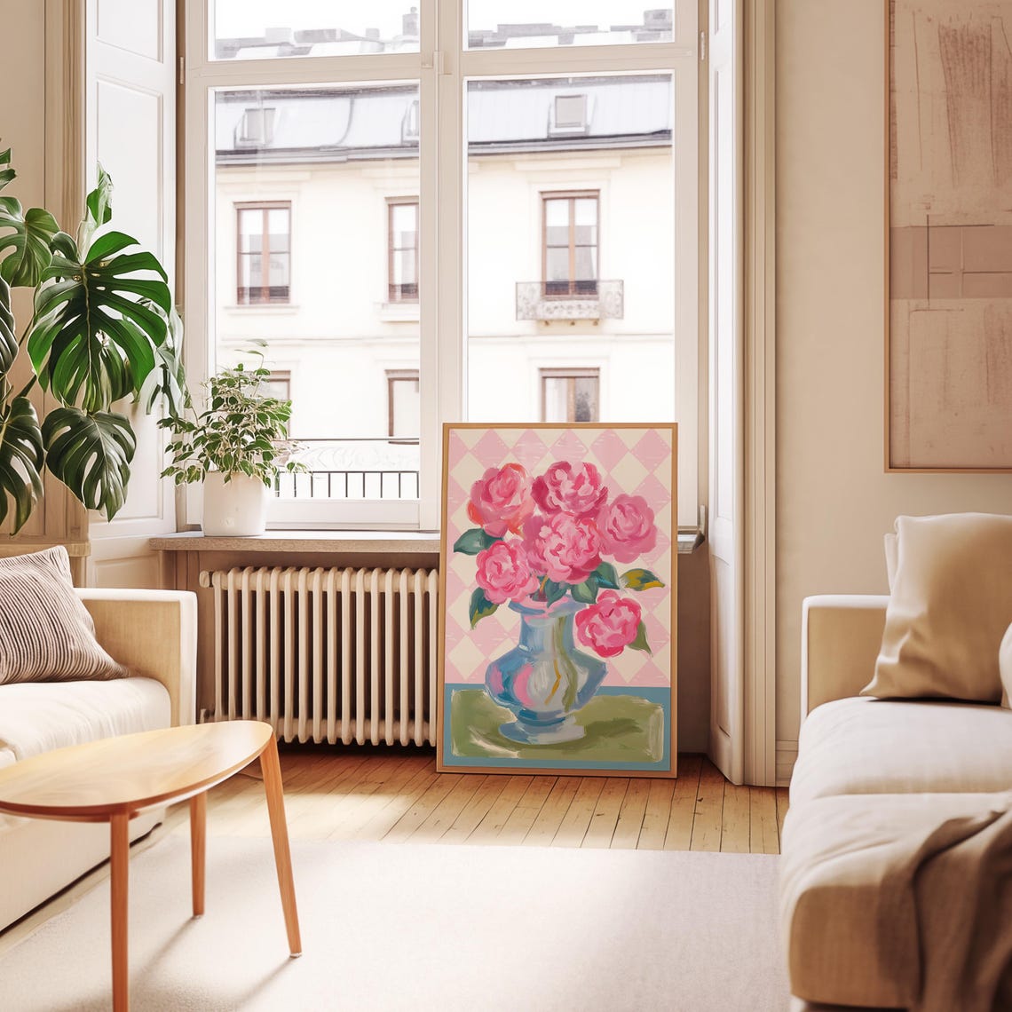 Pink Peony Bouquet Poster Blue Vase Pink Diamond Check Floral - Image 2