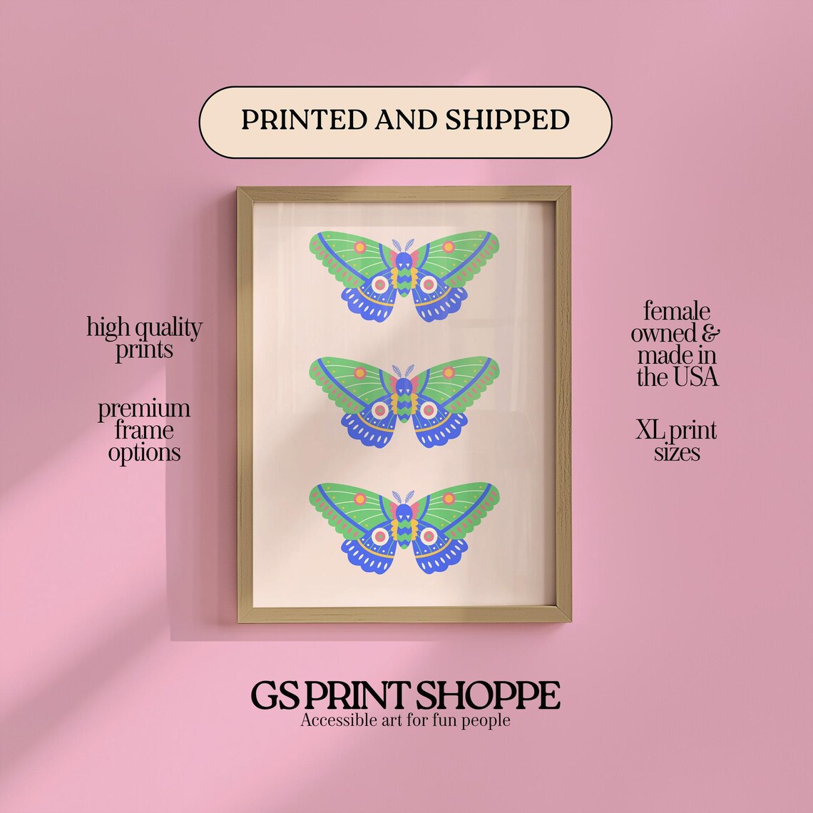 Three Colorful Butterfly Moth Folk Illustration Green Blue Wall Art