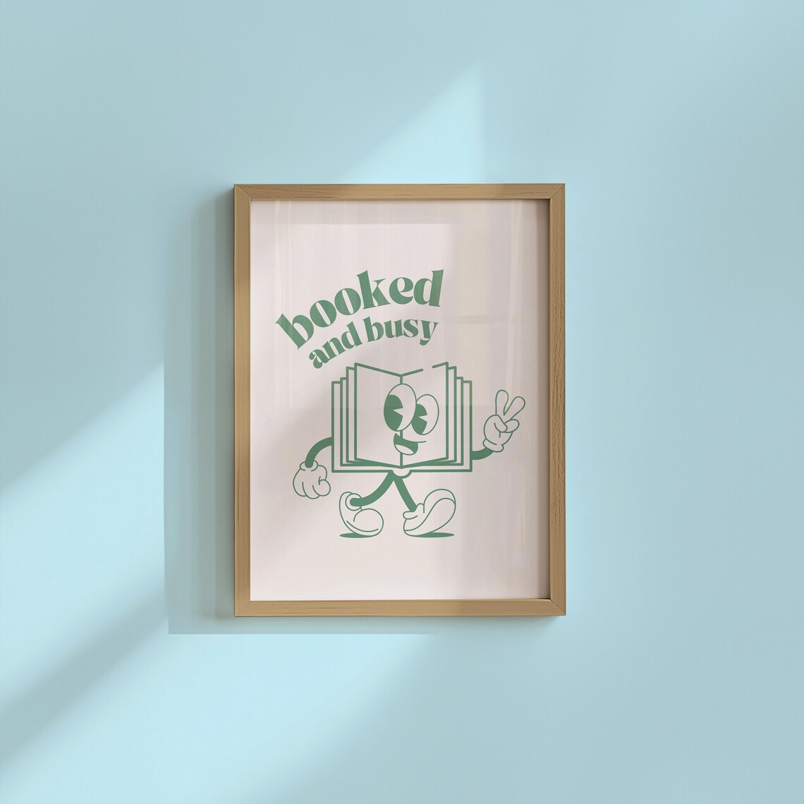Booked and Busy Retro Cartoon Book Character Green Typography Wall Art