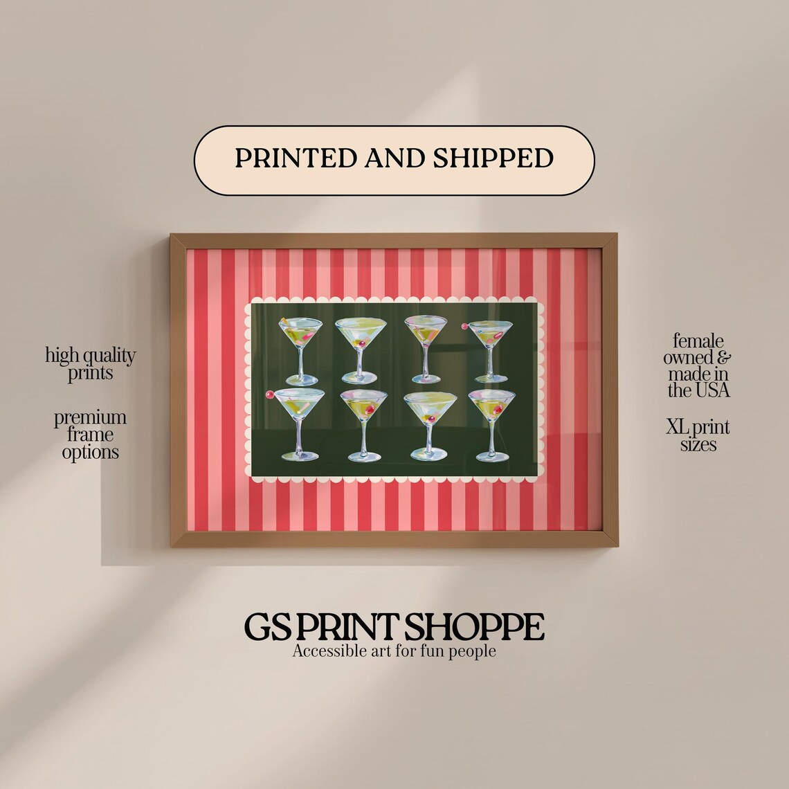Eight Martini Glasses Line Up Retro Cocktail Bar Striped Wall Art