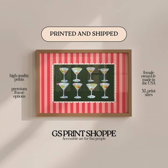 Eight Martini Glasses Line Up Retro Cocktail Bar Striped Wall Art