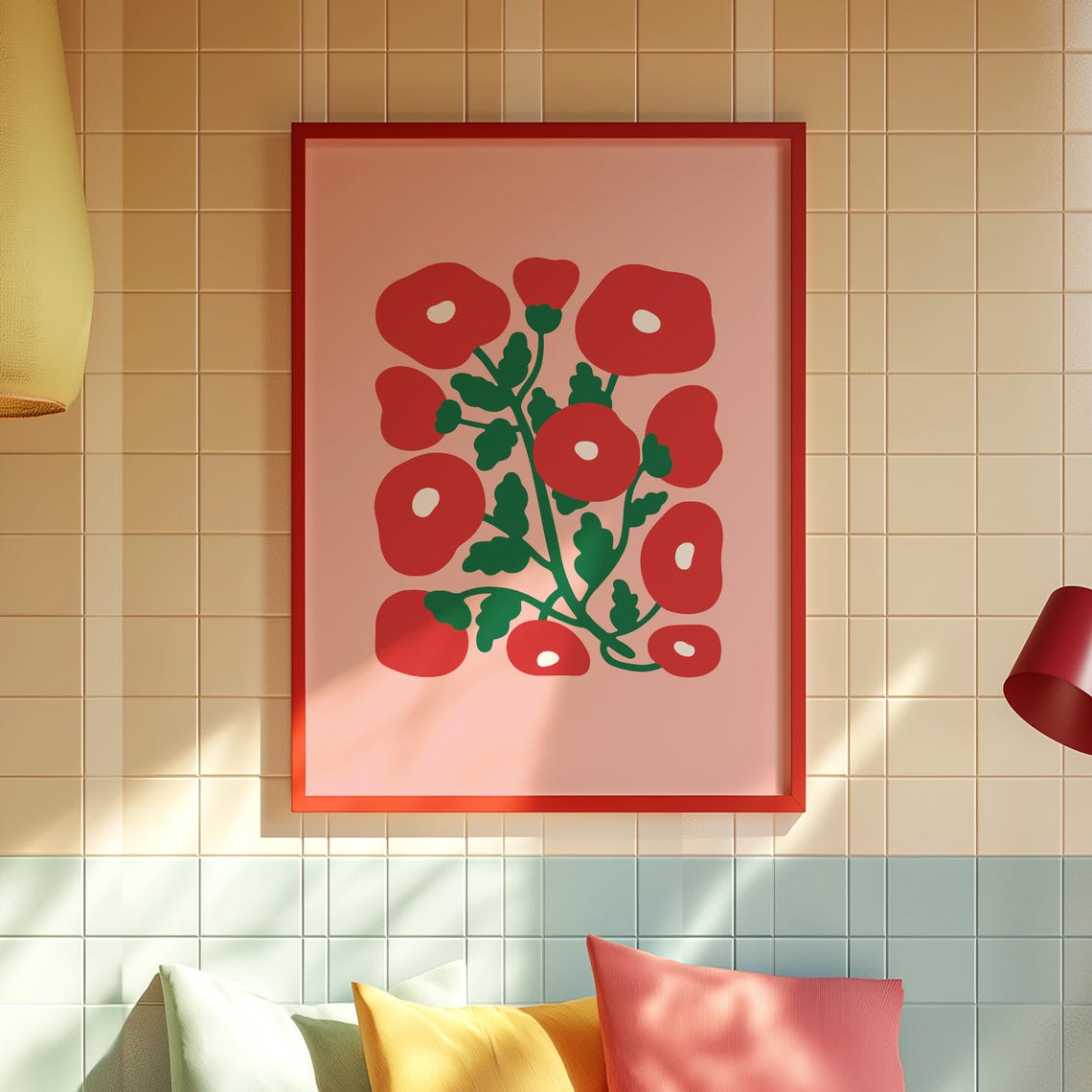 Red Poppies Pink Background Bold Scandinavian Floral Art Print
