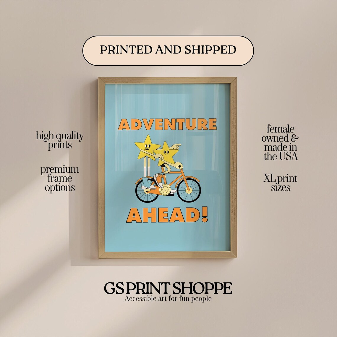 Adventure Ahead Cute Stars Bicycle Kids Room Fun Cartoon Art Poster