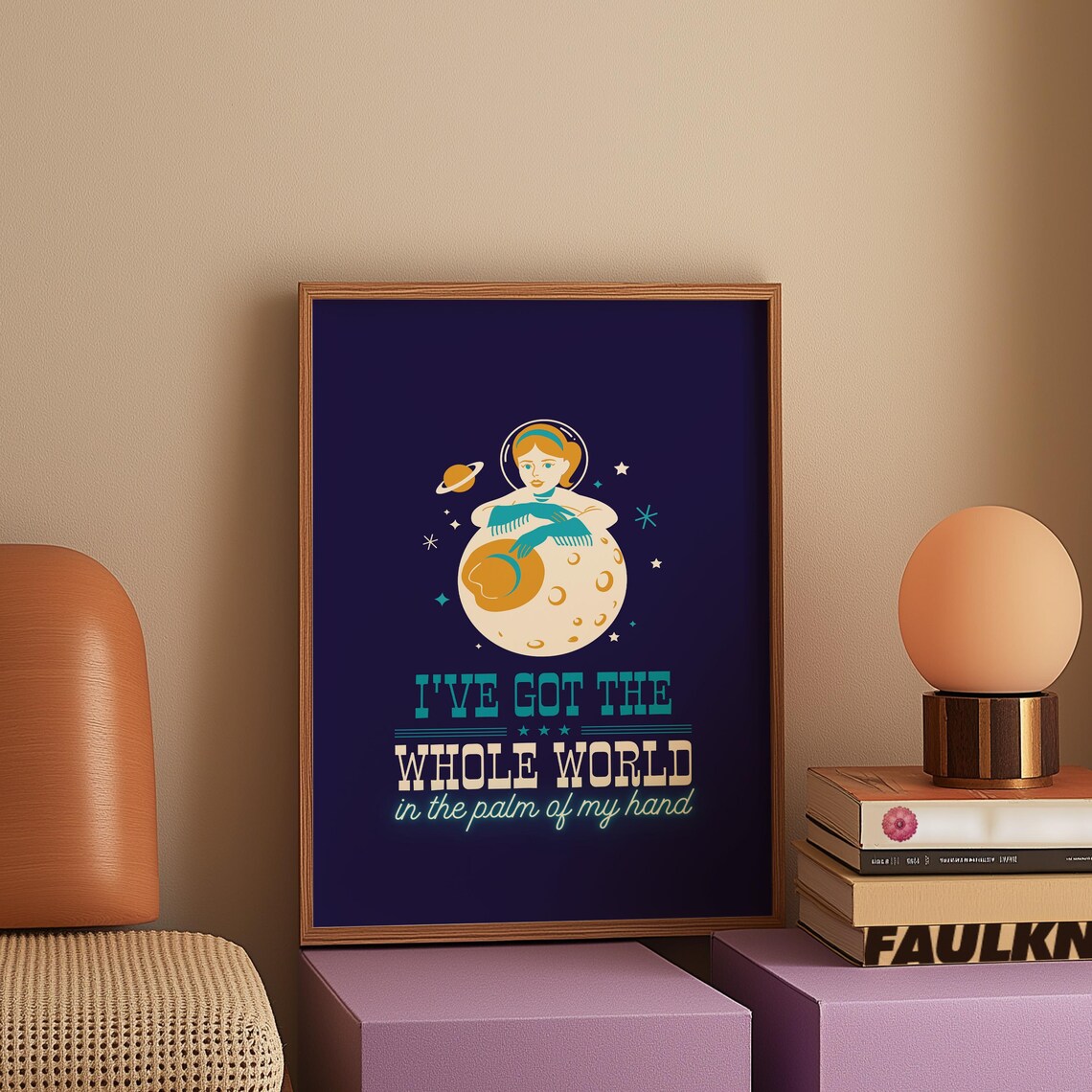Ive Got The Whole World Moon Girl Vintage Navy Retro Celestial Poster - Image 2