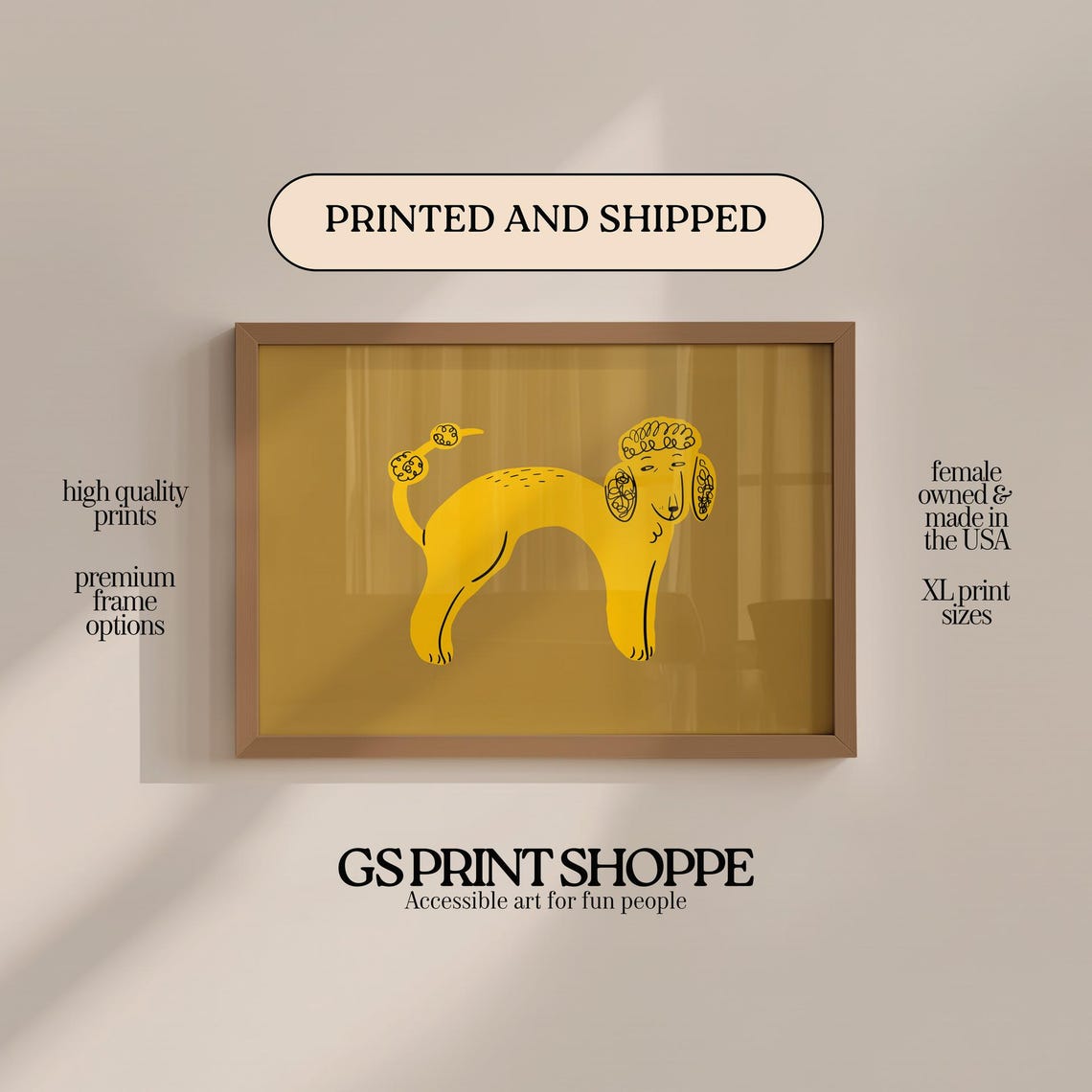 Mustard Yellow Poodle Doodle Modern Horizontal Nursery Dog Poster