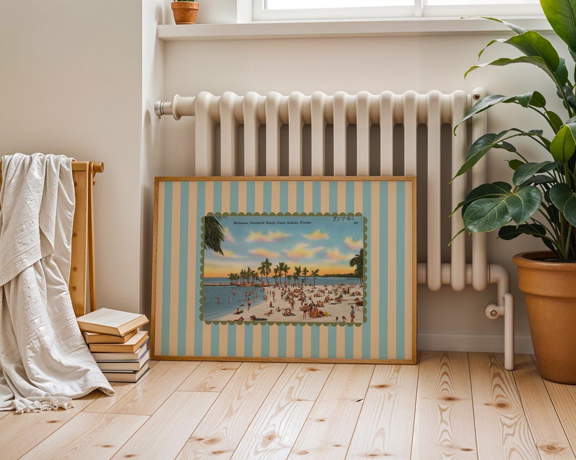 Coral Gables Florida Vintage Beach Postcard Striped Retro Wall Art