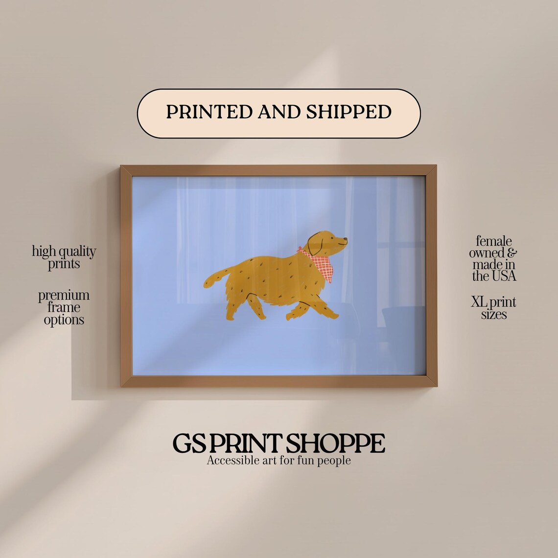 Golden Retriever with Bandana Cute Dog Illustration Nursery Art Print