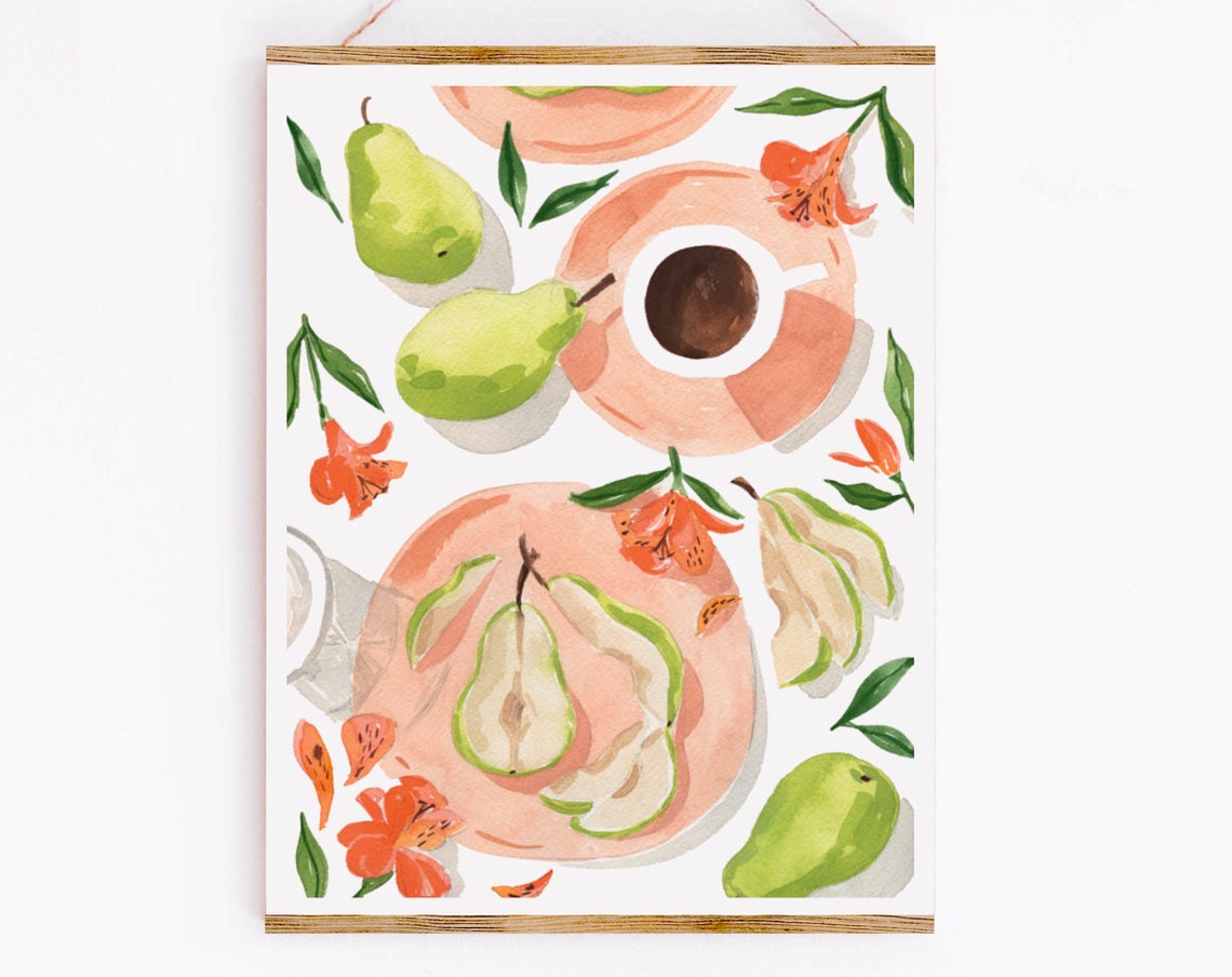 Green Pears Coffee Cup Orange Lily Watercolor Kitchen Pattern Wall Art - Image 3