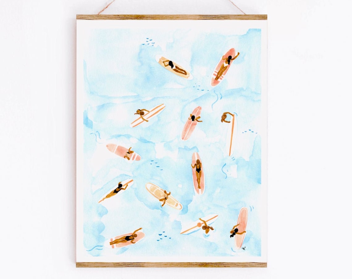 Surfers Summer Ocean Art Print, Watercolor Illustration