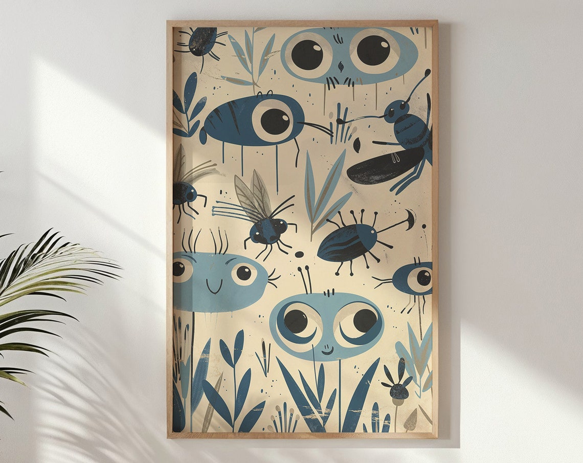 Bug Theme Nursery Wall Art Cute Insects Critters Poster Kids Room Decor Whimsical Garden Creatures