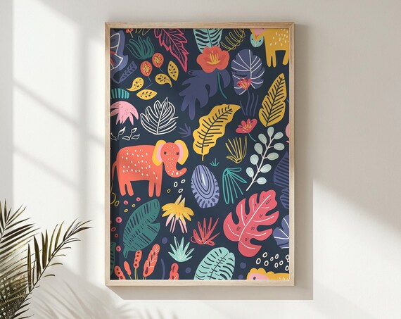 Dark Jungle Animal Botanical Pattern Coral Elephant Nursery Wall Art Print