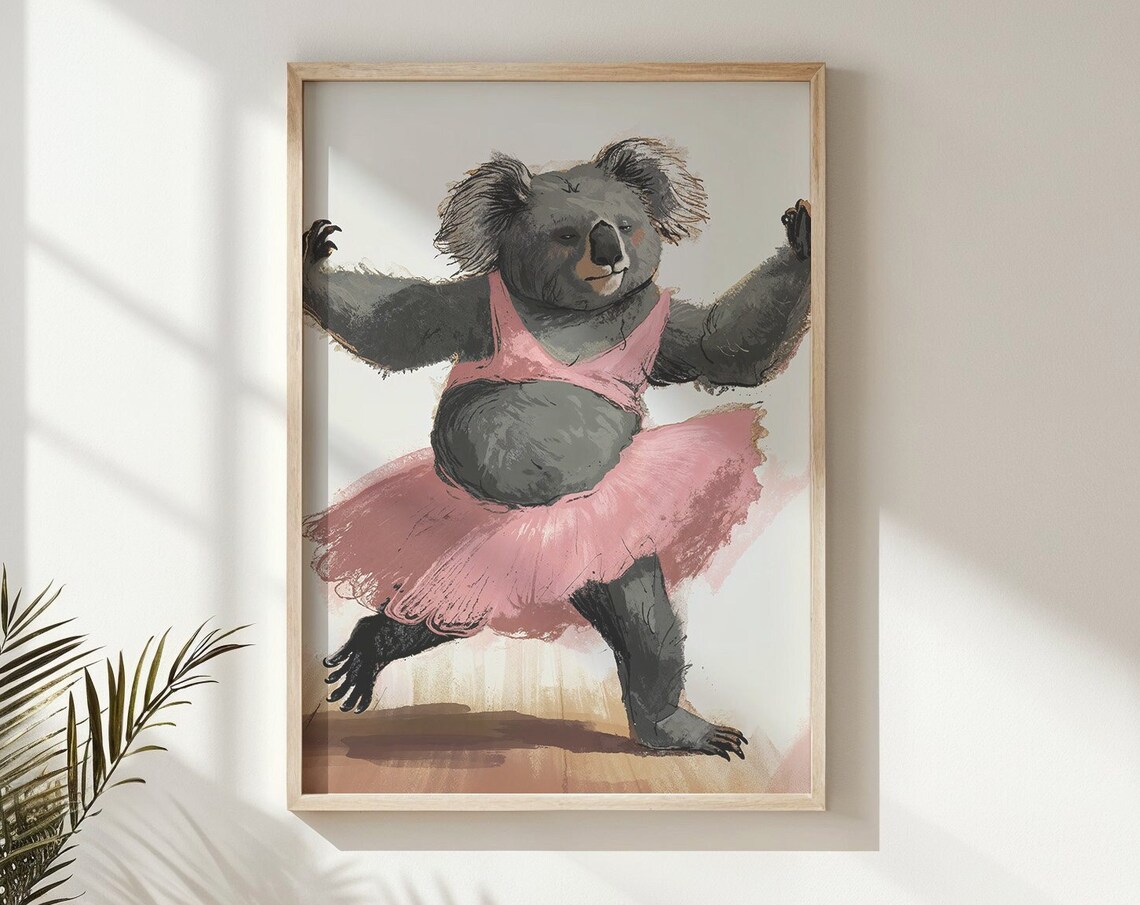 Dancing Koala Ballerina Pink Tutu Whimsical Kids Room Wall Art Poster