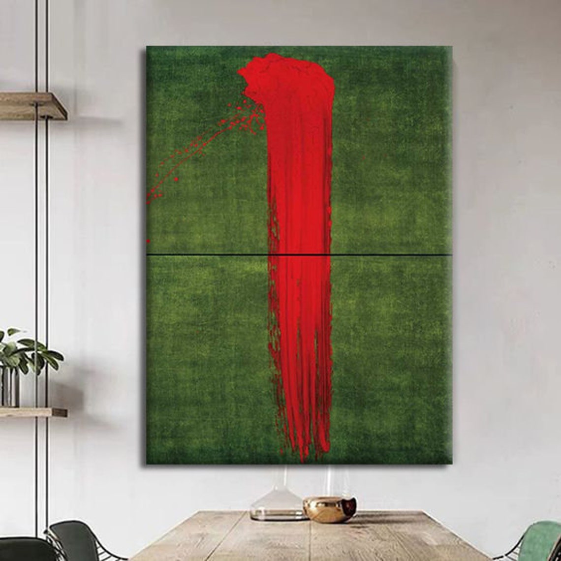 Bold Red Brushstroke Green Canvas Minimalist Abstract Art Print - Image 3