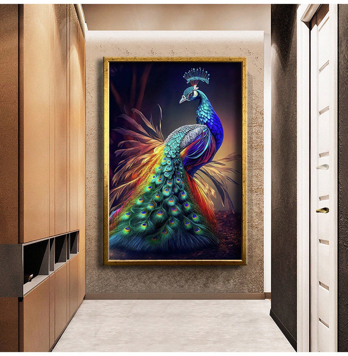 Rainbow Peacock Full Plumage Standing Colorful Bird Art Poster