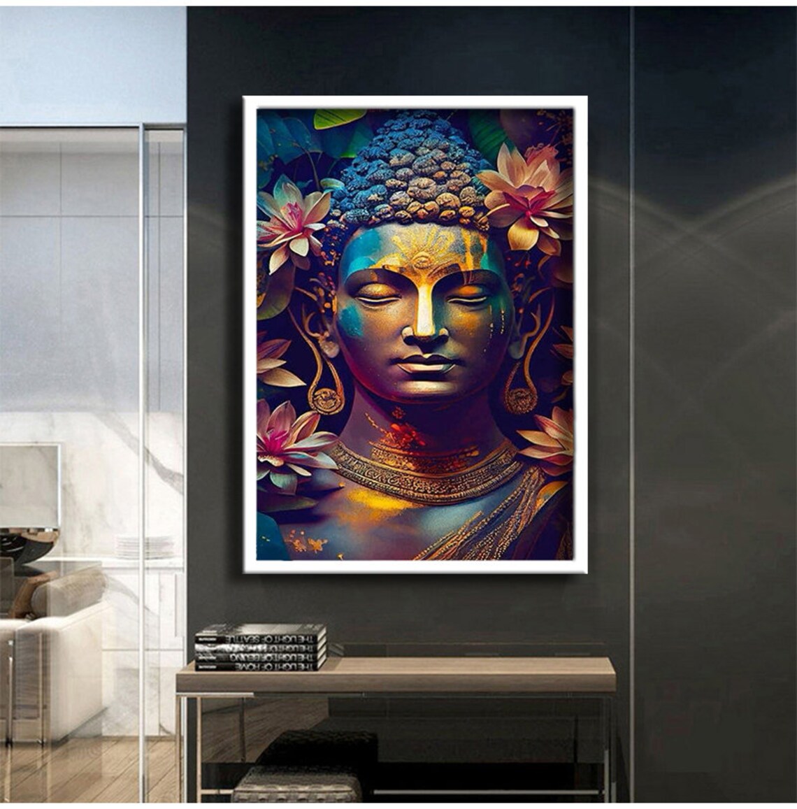 Colorful Buddha Head Lotus Flowers Vibrant Zen Spiritual Wall Poster - Image 3