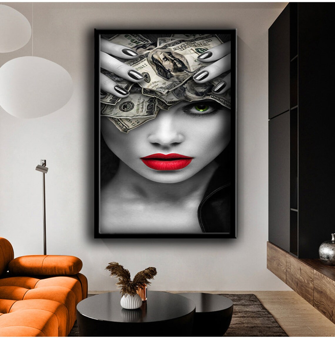 Money Over Eyes Red Lips Black White Glam Woman Fashion Poster - Image 4