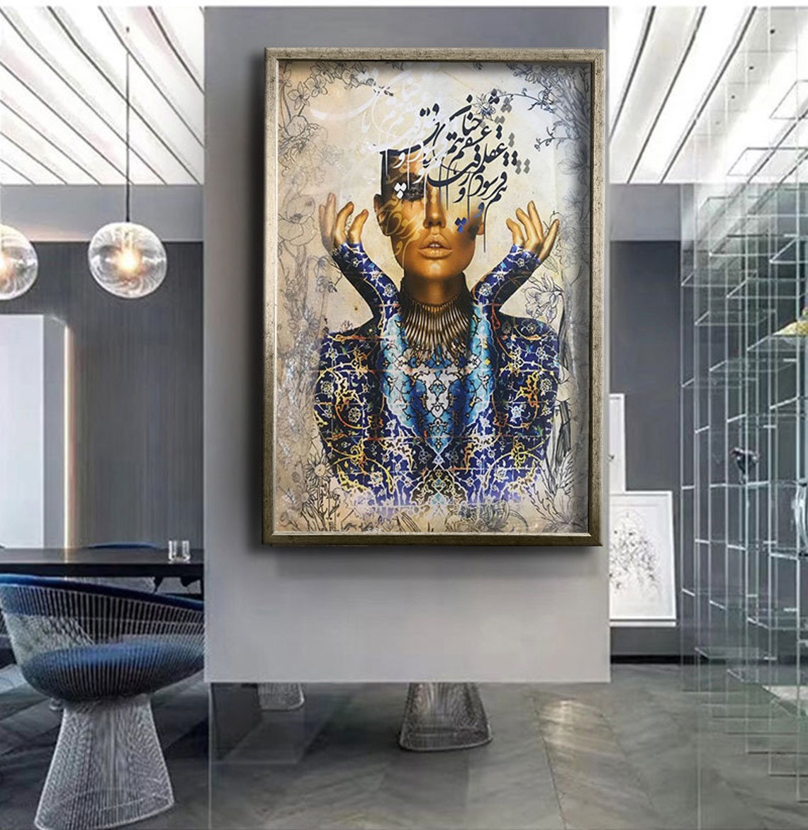 Arabian Woman Persian Calligraphy Face Blue Ornate Dress Art - Image 4