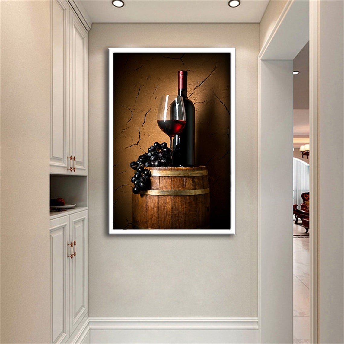 Wine Bottle Glass Black Grapes Wooden Barrel Rustic Cellar Poster - Image 2