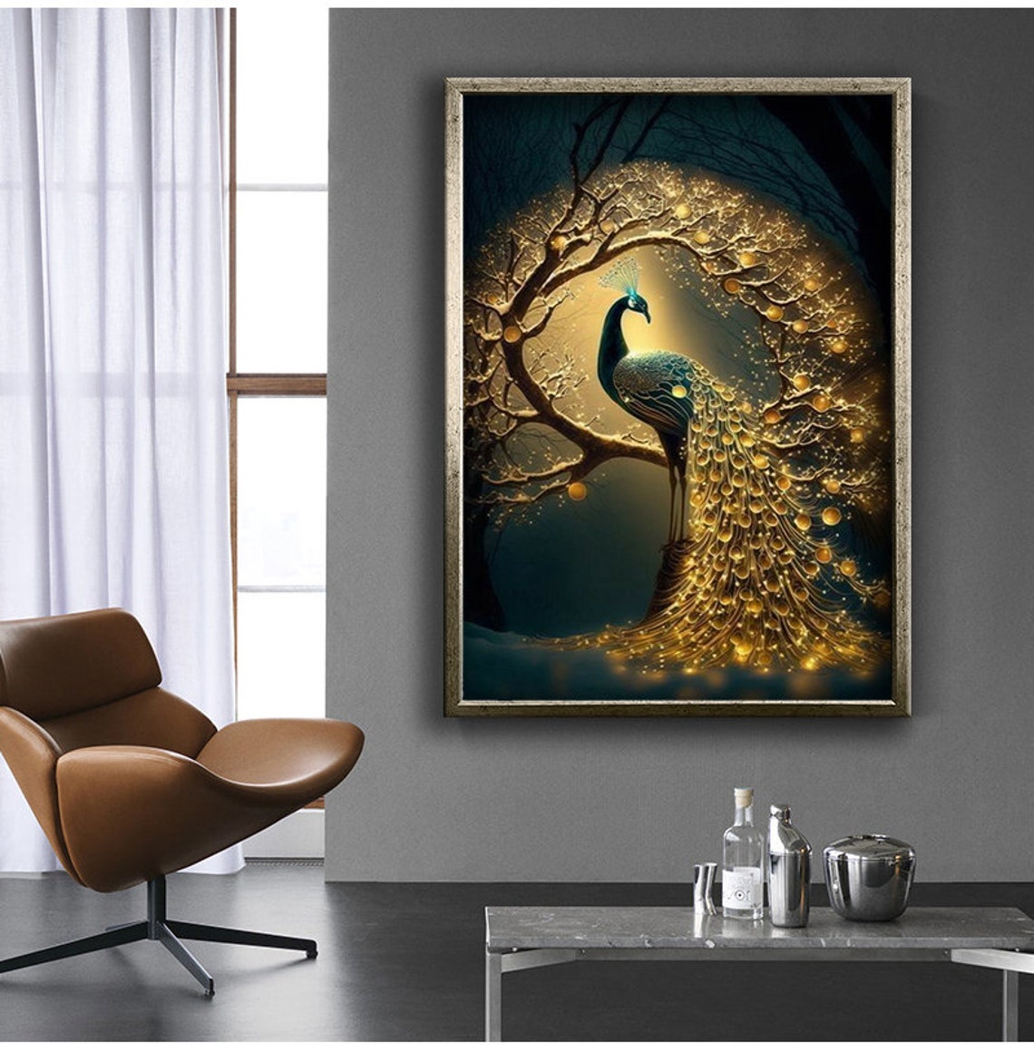 Golden Peacock Glowing Night Tree Magical Enchanted Bird Art - Image 4