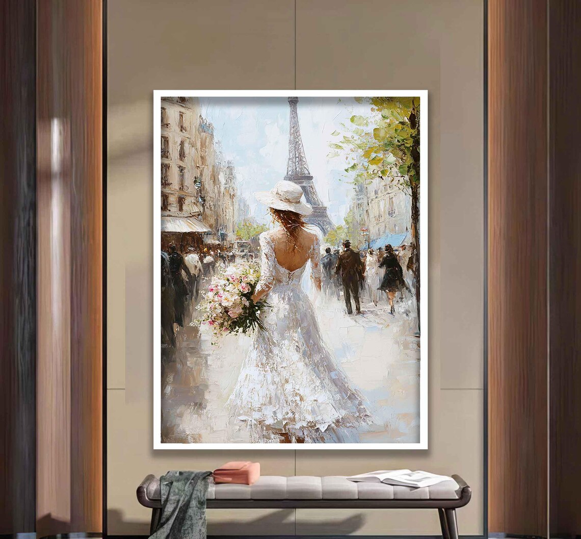 Bride in White Dress Paris Street Eiffel Tower Romantic Oil Poster