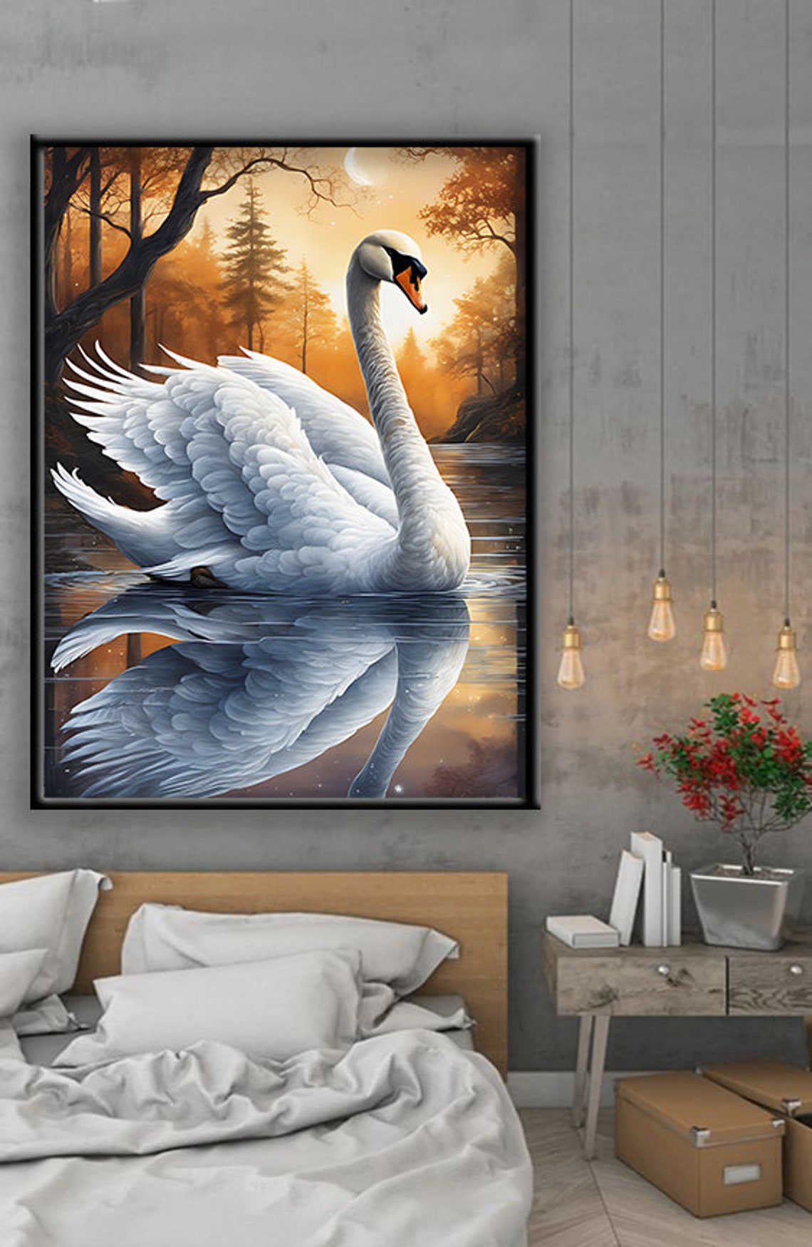 Graceful White Swan On Sunset Lake Mirror Reflection Elegant Poster - Image 3