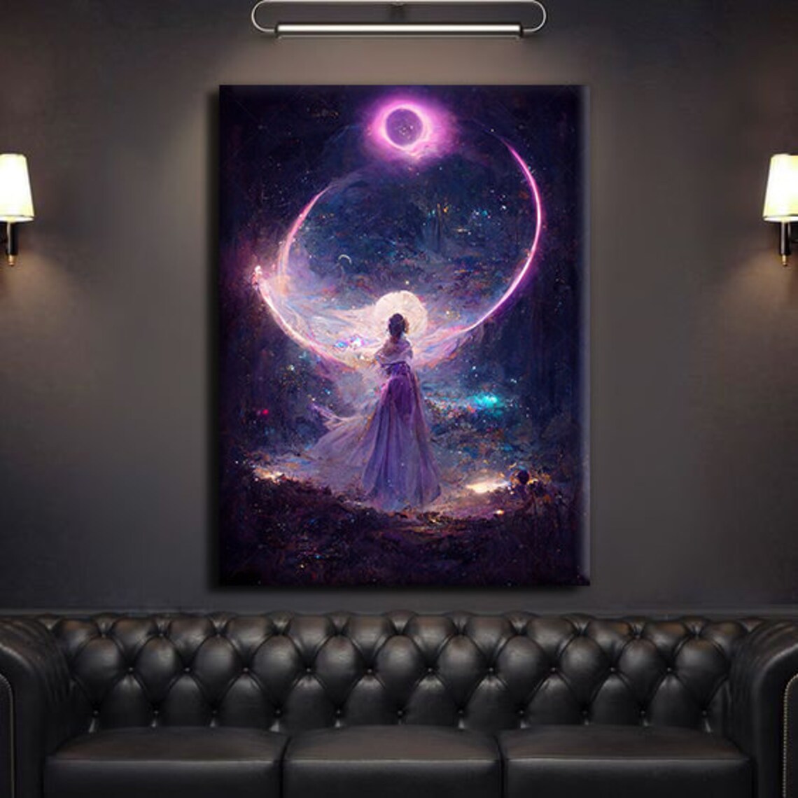 Woman Gazing Cosmic Moon Purple Galaxy Dreamscape Fantasy Surreal Art Poster - Image 4