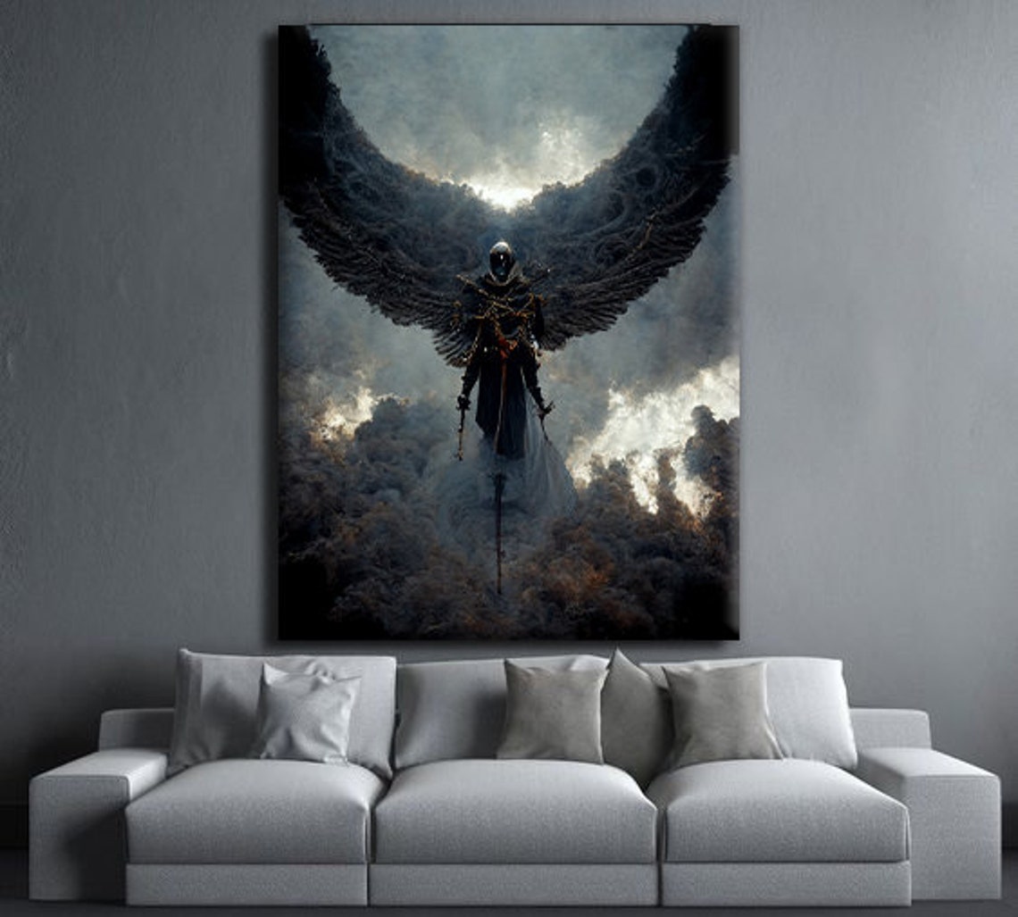 Dark Winged Warrior Angel Storm Clouds Gothic Fantasy Art Poster - Image 2