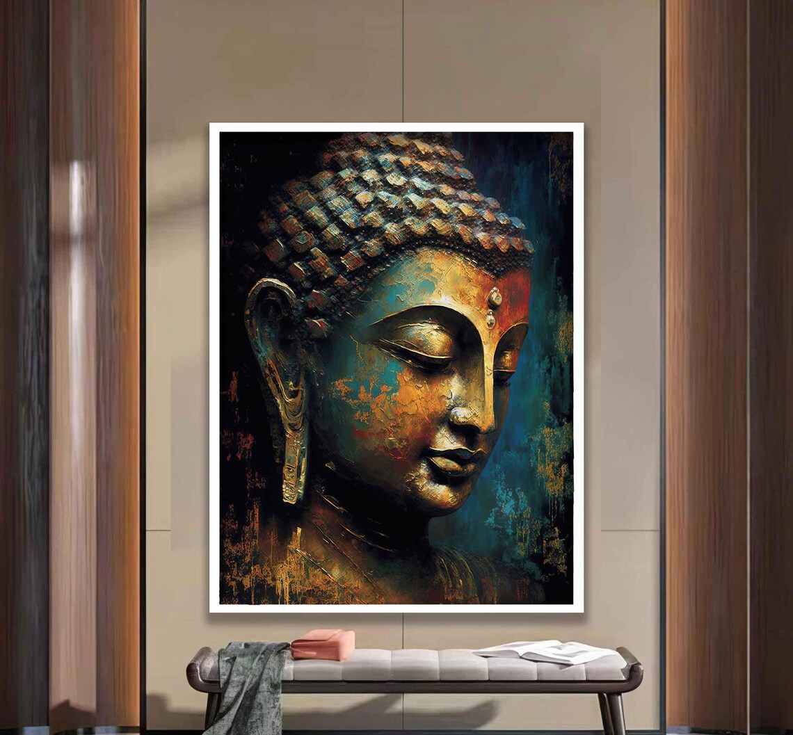 Antique Buddha Profile Teal Gold Serene Zen Meditation Art Poster - Image 2