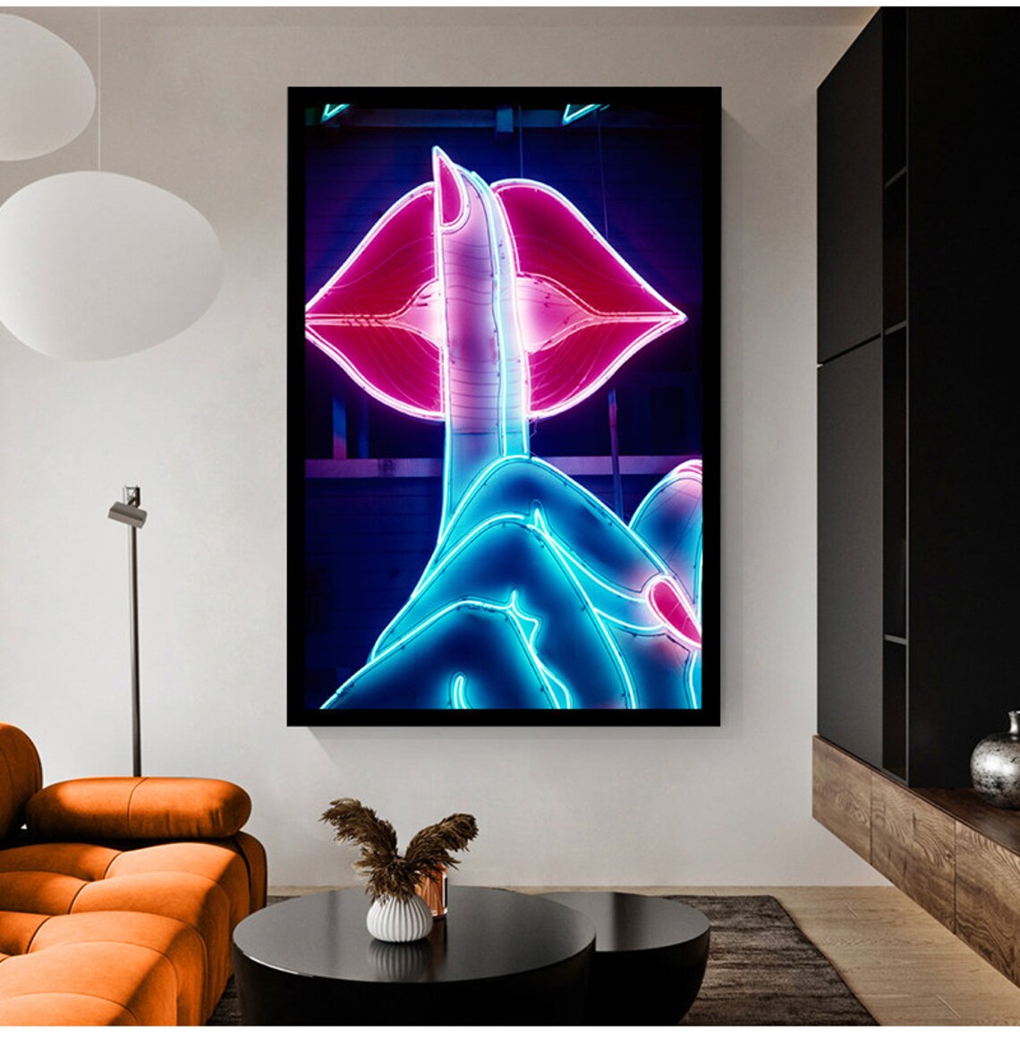 Neon Hush Sign Blue Hand Shush Pink Lips Nightclub Style Poster - Image 4
