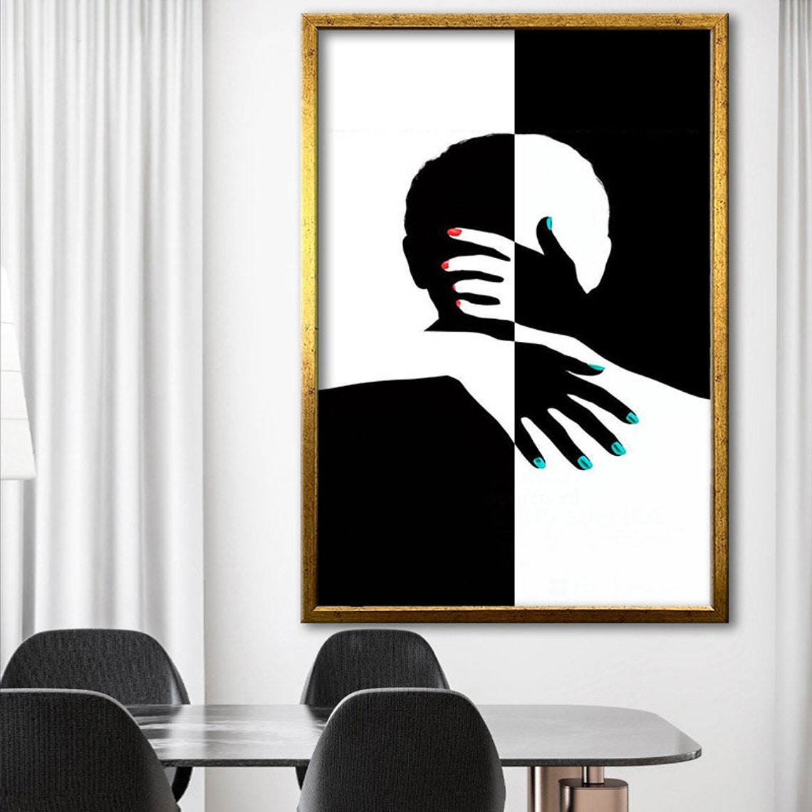 Kissing Couple Black White Yin Yang Love Silhouette Art Poster - Image 4
