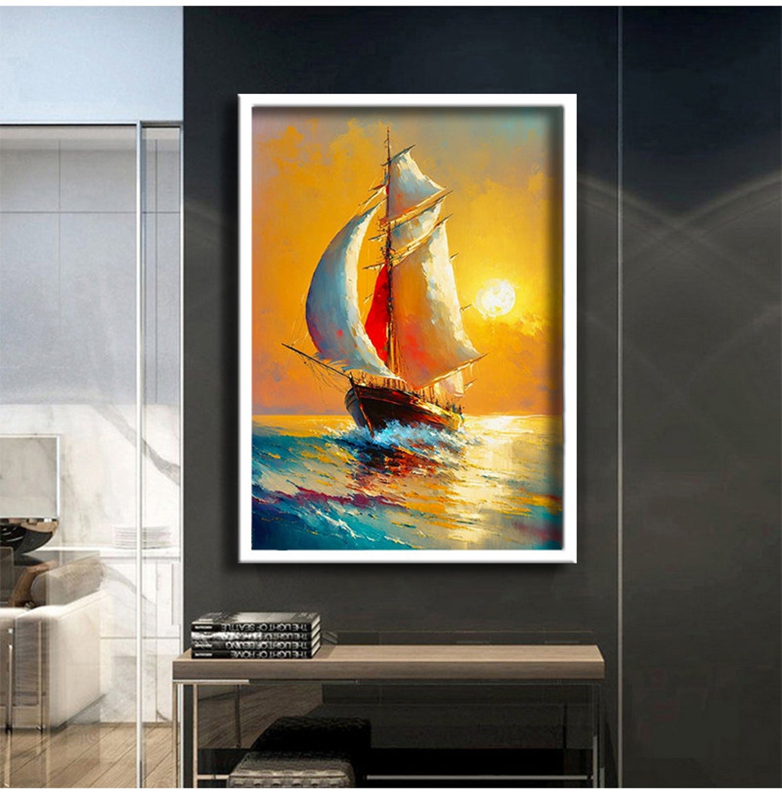 Tall Sailing Ship Golden Sunset Ocean Voyage Oil Style Poster - Image 3