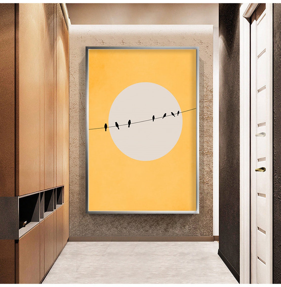 Minimalist Birds On Wire Orange Sun Modern Silhouette Poster - Image 2